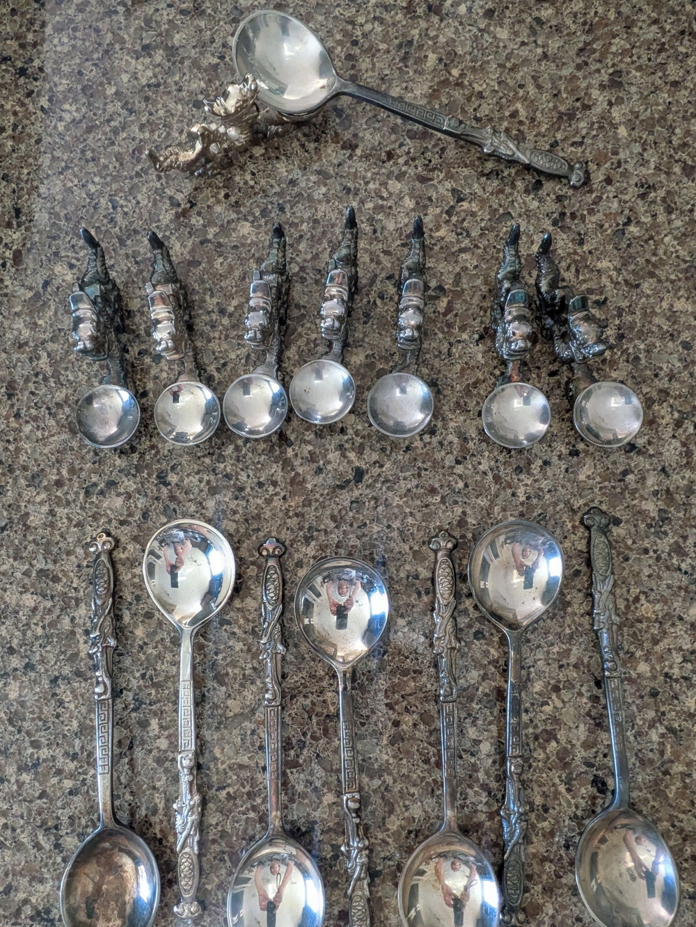 Antique Set Of 8 Spoons And 8 Dragon Rests